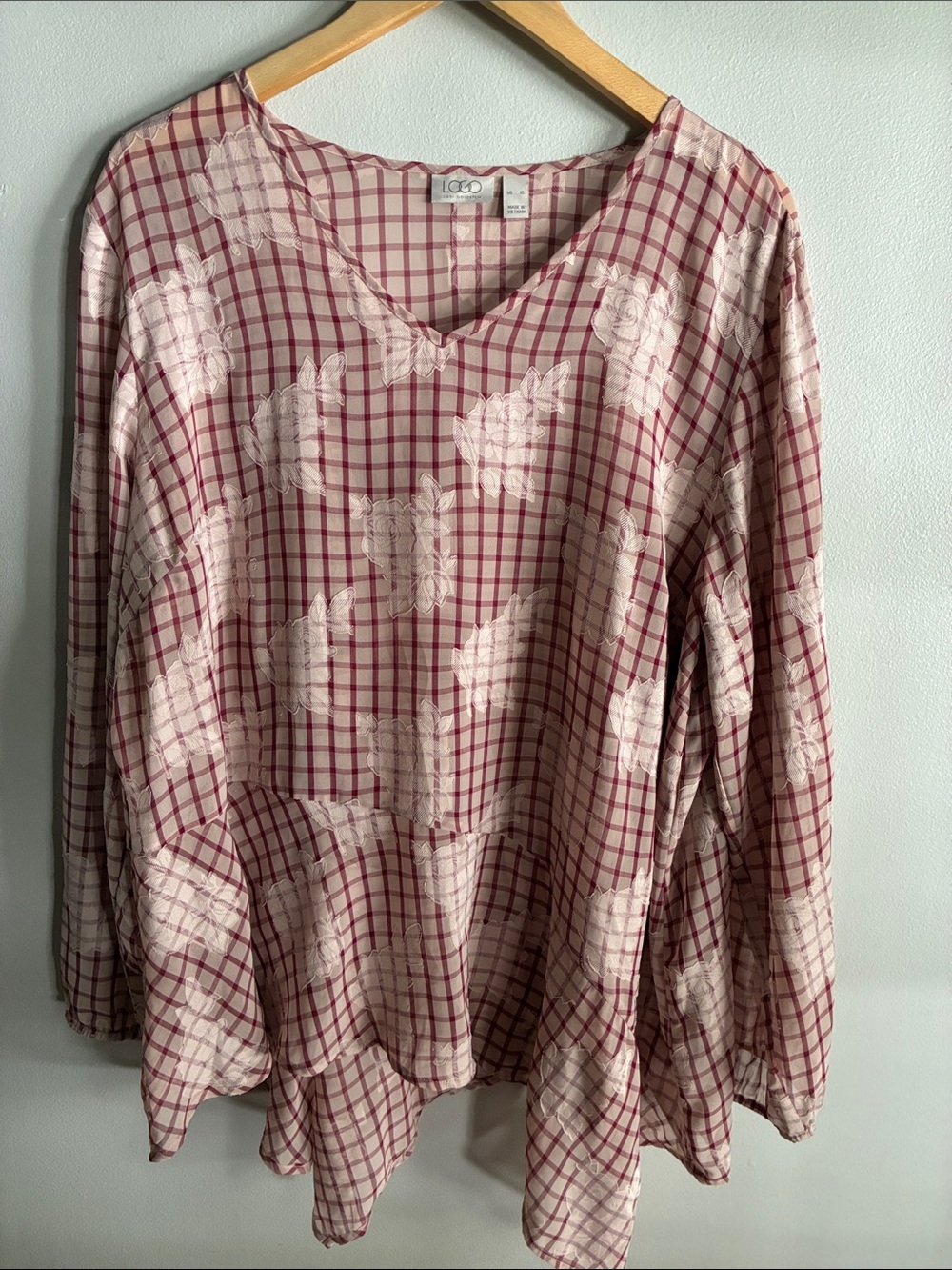 LOGO Lori Goldstein XL Plaid Floral Tunic Top Sheer Asymmetrical Hem Boho
